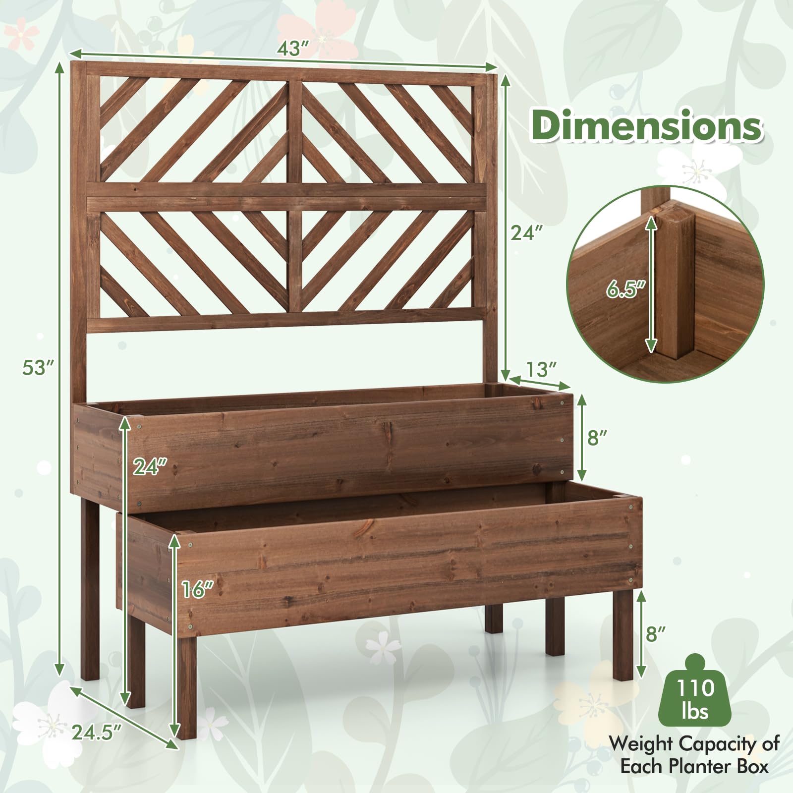 2-Tier Raised Garden Bed with Trellis, 53" Freestanding Elevated Wood Planter Box with Legs & Drainage Holes for Climbing Plants, Flowers