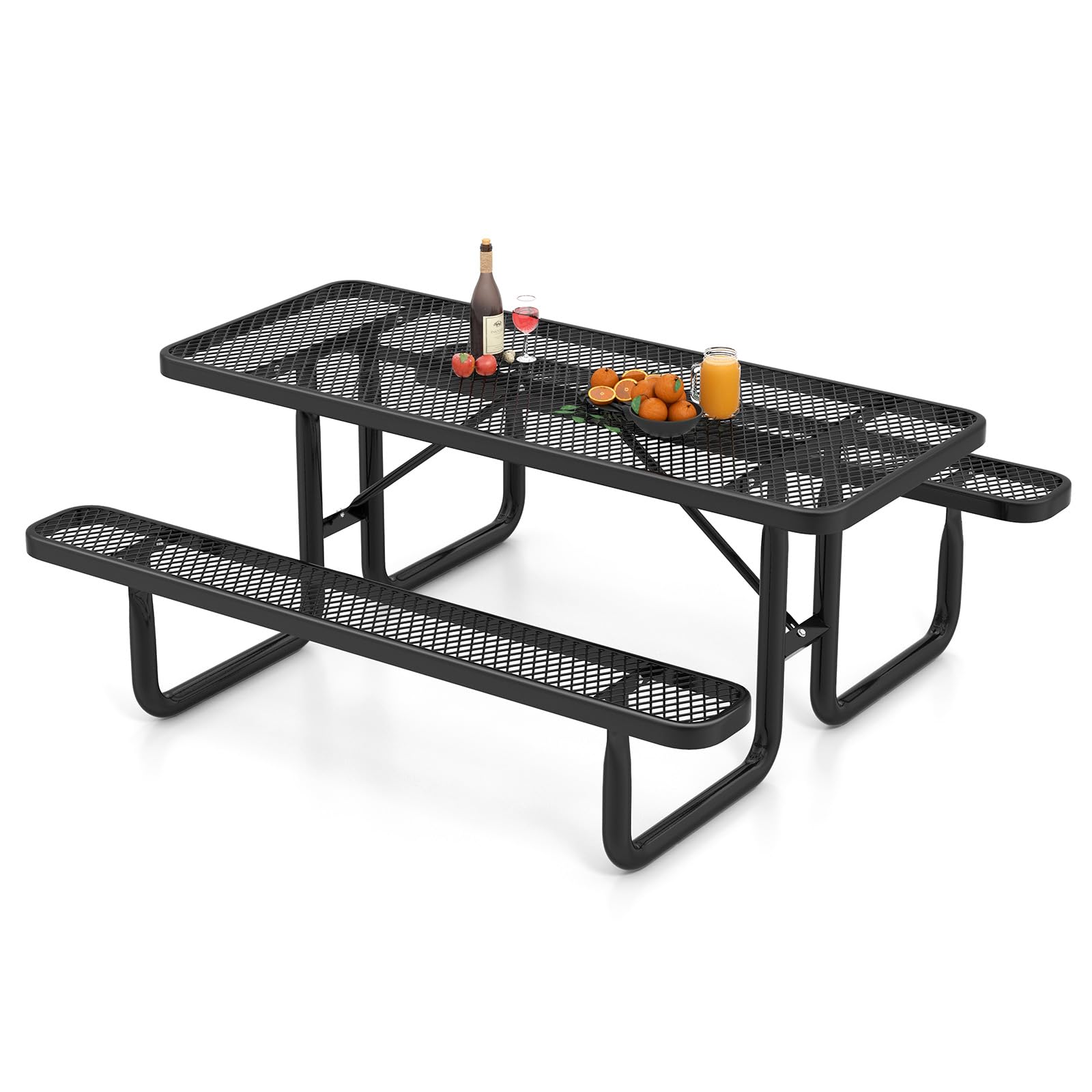 8-Person Mesh Picnic Table Bench Set with Thermoplastic Coated Steel, 72" Heavy Duty Patio Dining Table for Cafe Restaurant Bar