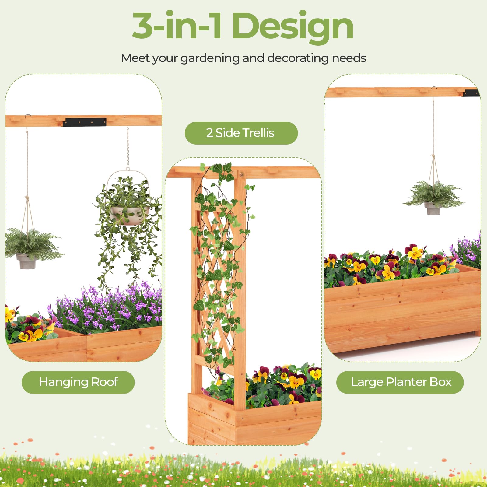 Raised Garden Bed with Trellis & Hanging Roof, 79" Freestanding Wood Planter Box with Drainage Holes for Flower Climbing Plants, Vines, Herbs