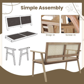 47"W Outdoor Rattan Teak Wood 2-Person Patio Garden Bench with Armrests Backrest