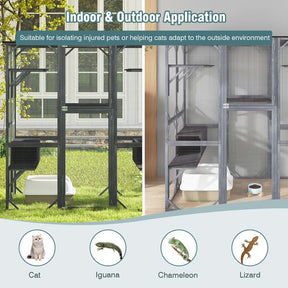 71" Tall Large Cat House Outdoor Catio Kitty Enclosure, Walk-in Cat Kennel Condo, Wooden Cat Cage Playpen with 7 Platforms