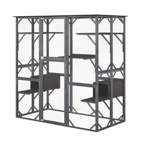 71" Tall Large Cat House Outdoor Catio Kitty Enclosure, Walk-in Cat Kennel Condo, Wooden Cat Cage Playpen with 7 Platforms