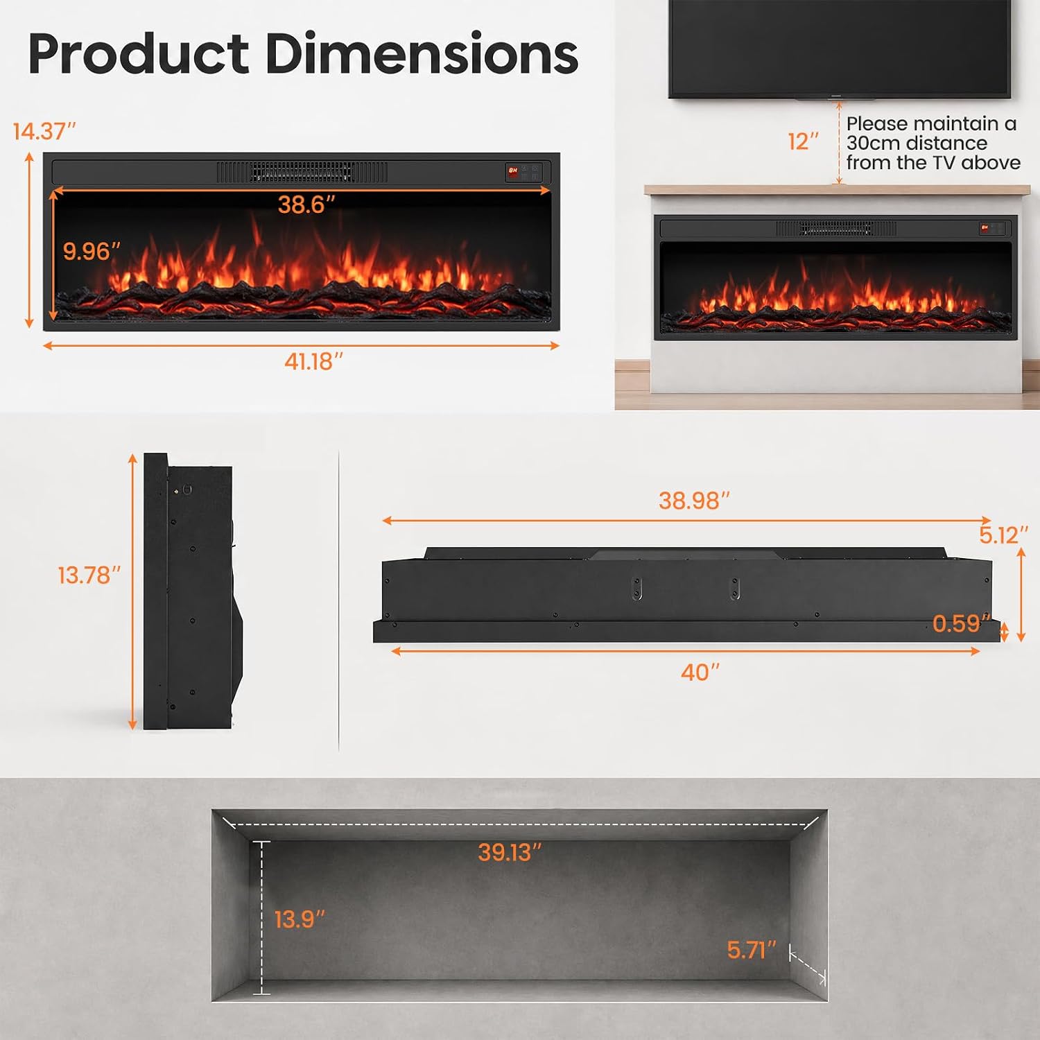 36/40 Inch Recessed Electric Fireplace Heater
