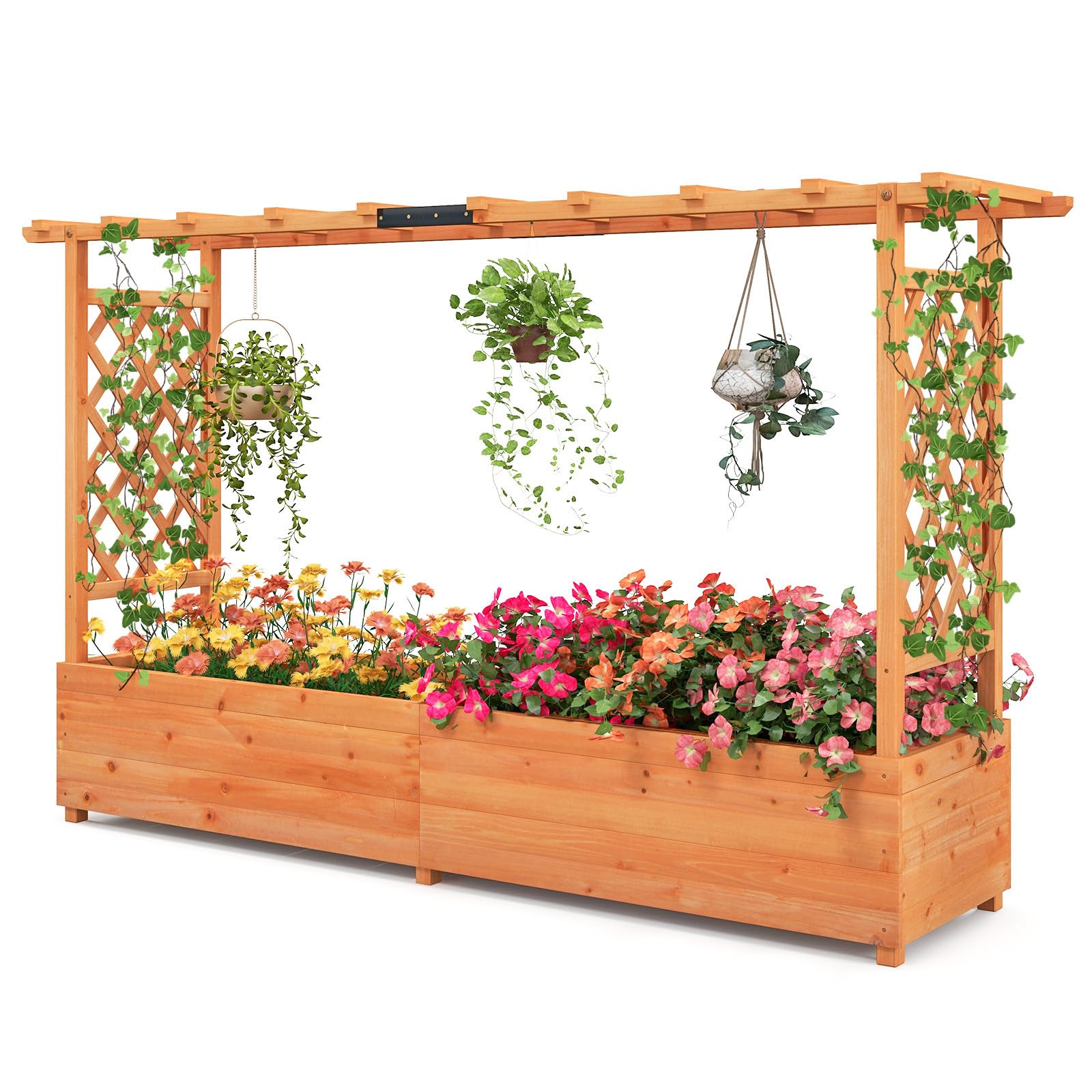 Raised Garden Bed with Trellis & Hanging Roof, 79" Freestanding Wood Planter Box with Drainage Holes for Flower Climbing Plants, Vines, Herbs
