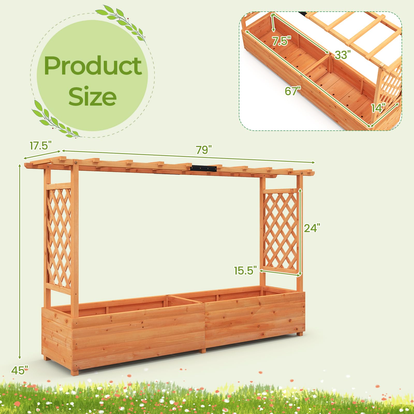 Raised Garden Bed with Trellis & Hanging Roof, 79" Freestanding Wood Planter Box with Drainage Holes for Flower Climbing Plants, Vines, Herbs