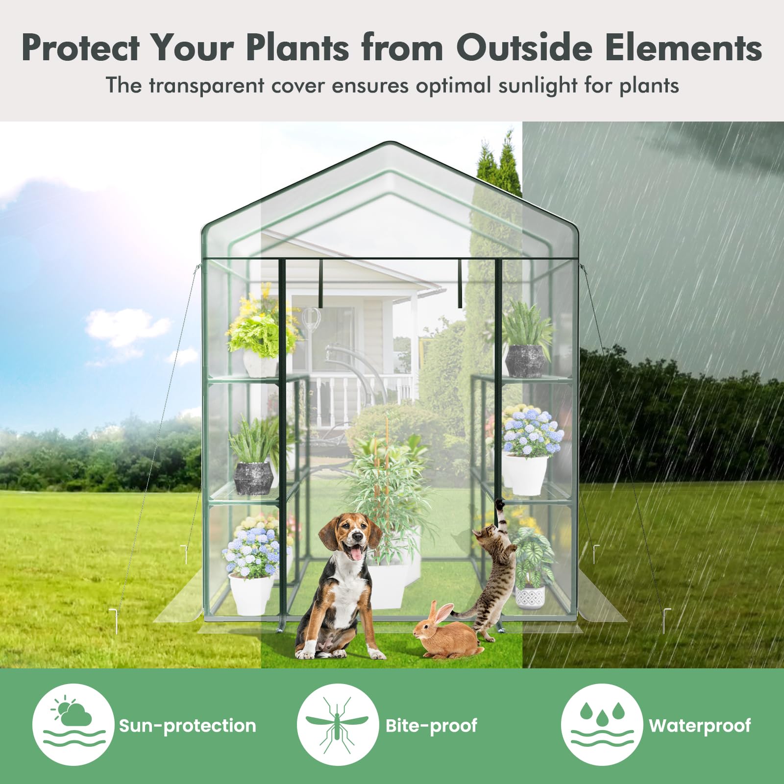 Portable Mini Walk-in Greenhouse with 3 Tiers 8 Shelves, PVC Cover, Roll-Up Zippered Door & Heavy-Duty Metal Frame for Indoor Outdoor Garden Yard