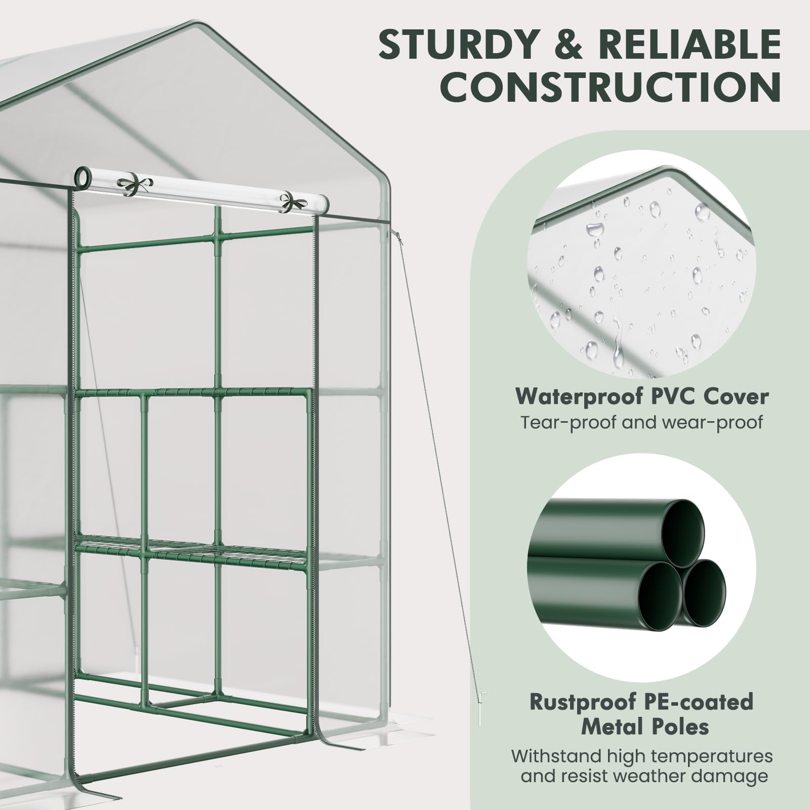 Portable Mini Walk-in Greenhouse with 3 Tiers 8 Shelves, PVC Cover, Roll-Up Zippered Door & Heavy-Duty Metal Frame for Indoor Outdoor Garden Yard