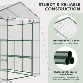 Portable Mini Walk-in Greenhouse with 3 Tiers 8 Shelves, PVC Cover, Roll-Up Zippered Door & Heavy-Duty Metal Frame for Indoor Outdoor Garden Yard