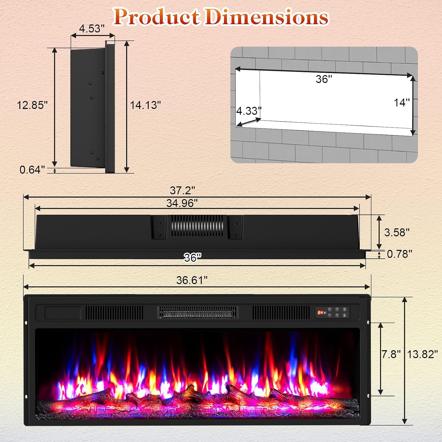 Recessed Stove Heater with Touch Panel, 8H Timer, Overheat Protection, 7 Flame Colors, 5 Adjustable Brightness,750/1500W