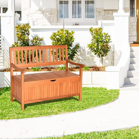 42" Outdoor Eucalyptus Wood Storage Bench Deck Box 33 Gallon with Waterproof Inner Lining, 2 Person Garden Loveseat for Porch, Yard & Balcony