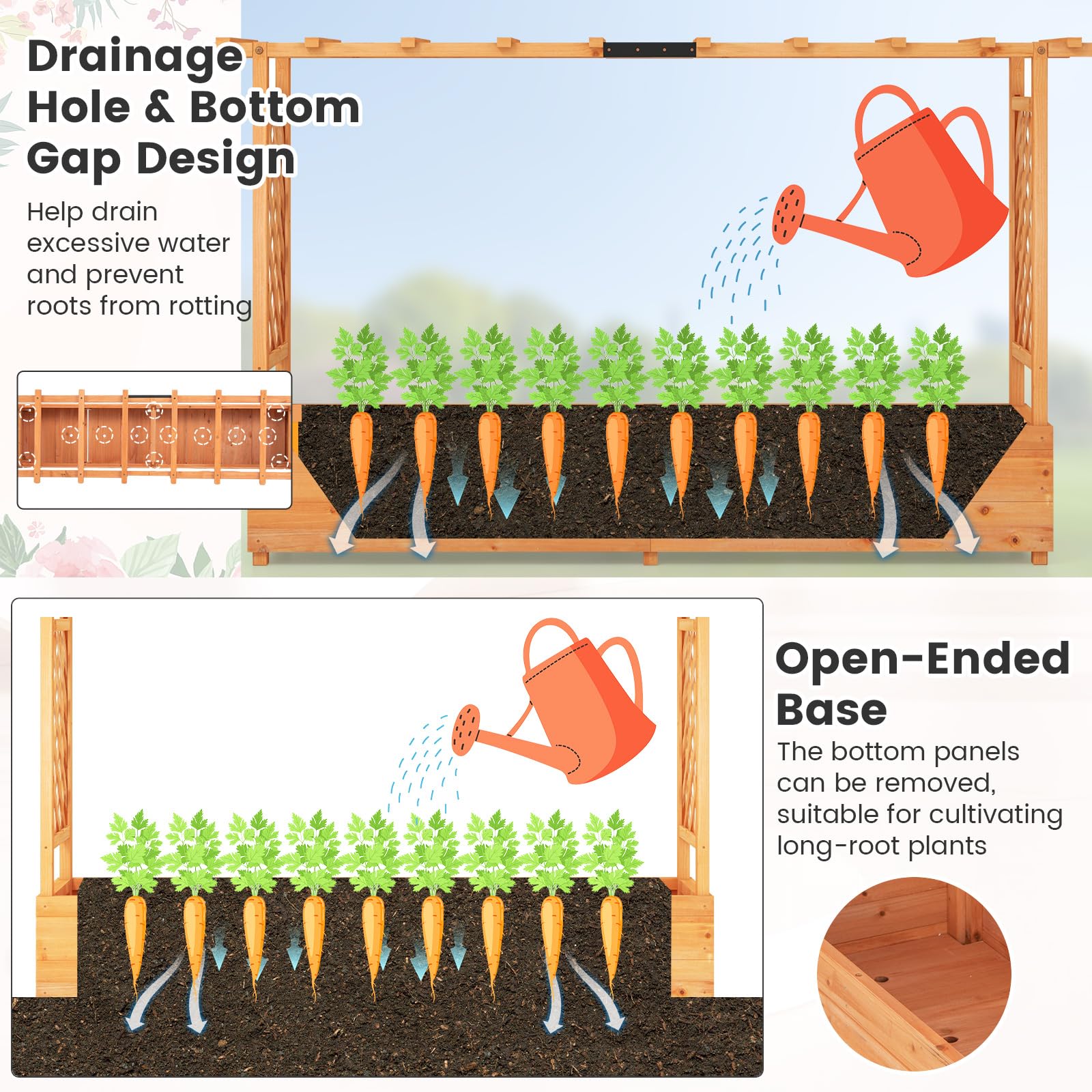 Raised Garden Bed with Trellis & Hanging Roof, 79" Freestanding Wood Planter Box with Drainage Holes for Flower Climbing Plants, Vines, Herbs