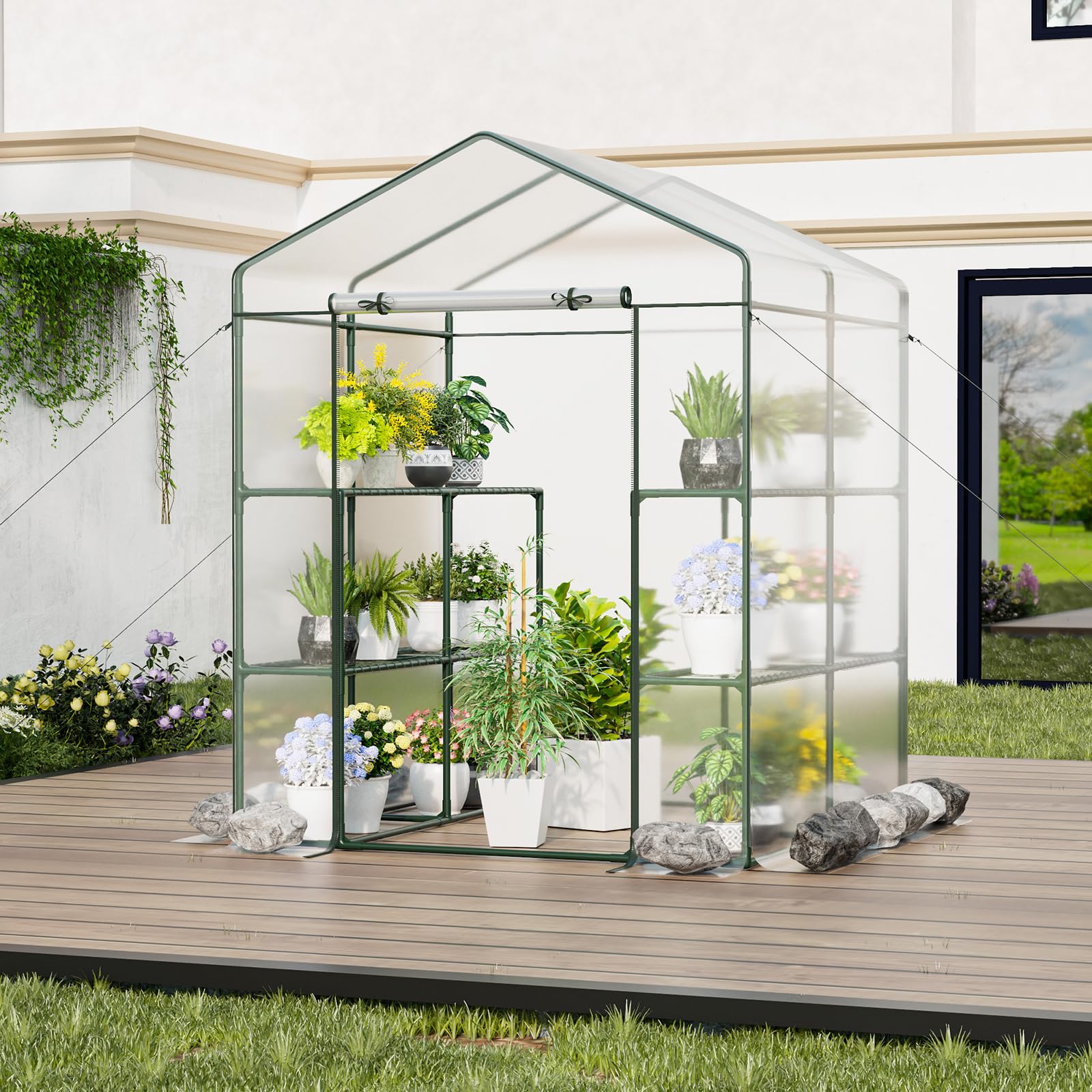 Portable Mini Walk-in Greenhouse with 3 Tiers 8 Shelves, PVC Cover, Roll-Up Zippered Door & Heavy-Duty Metal Frame for Indoor Outdoor Garden Yard