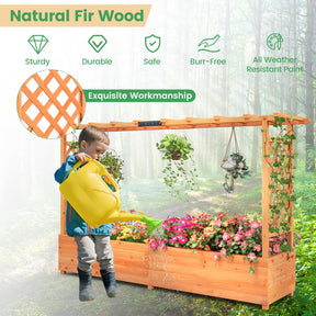 Raised Garden Bed with Trellis & Hanging Roof, 79" Freestanding Wood Planter Box with Drainage Holes for Flower Climbing Plants, Vines, Herbs