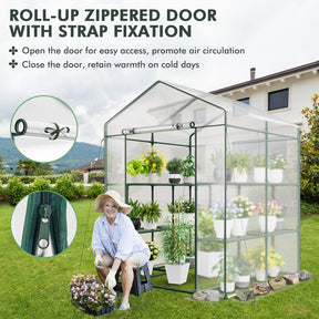Portable Mini Walk-in Greenhouse with 3 Tiers 8 Shelves, PVC Cover, Roll-Up Zippered Door & Heavy-Duty Metal Frame for Indoor Outdoor Garden Yard