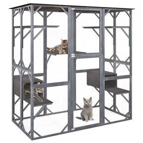 71" Tall Large Cat House Outdoor Catio Kitty Enclosure, Walk-in Cat Kennel Condo, Wooden Cat Cage Playpen with 7 Platforms