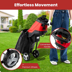 15-Amp Electric Wood Chipper and Shredder, Corded Leaf Mulcher with 15:1 Reduction, Safety Lock, 1.77" Cutting Diameter, Collection Bag & Wheels