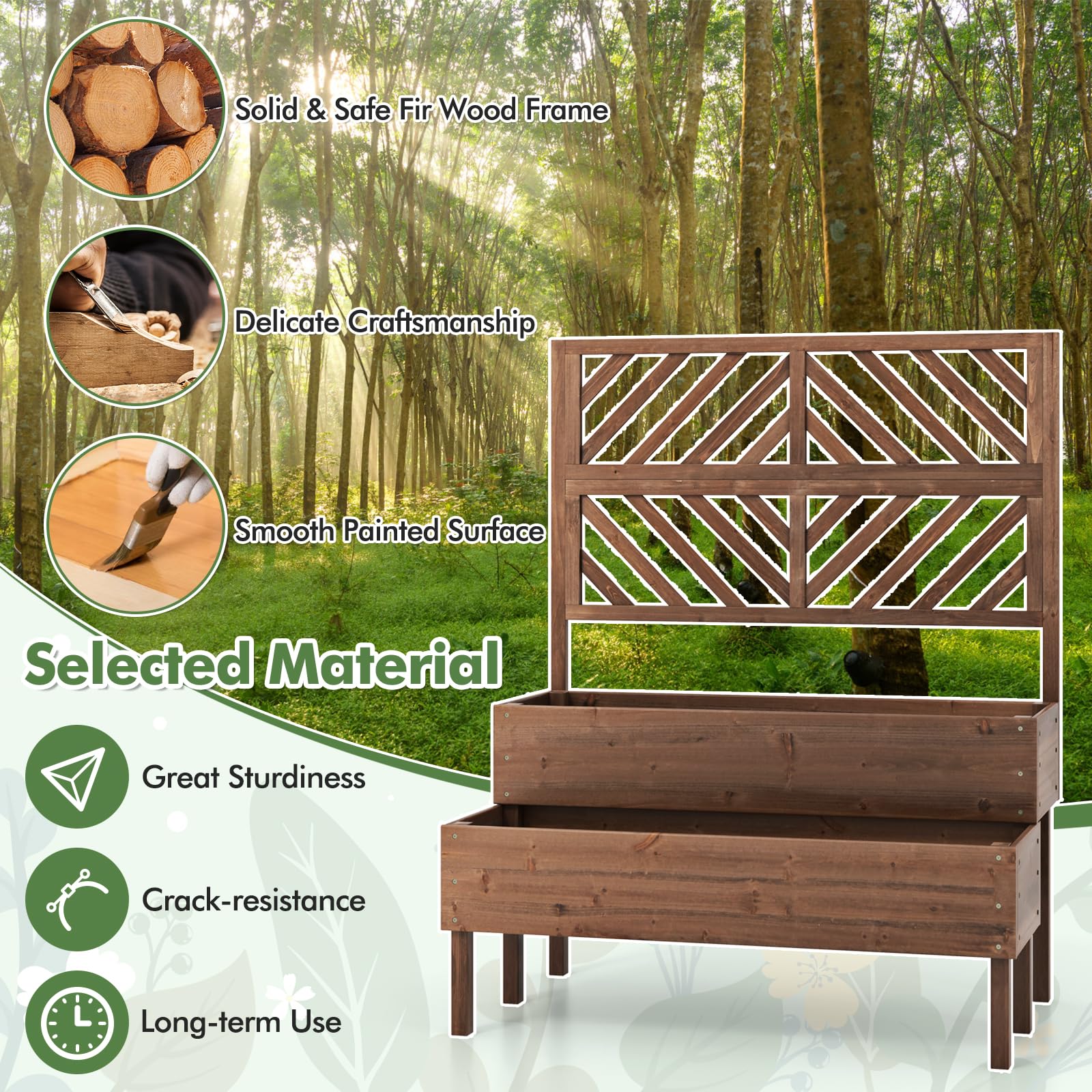 2-Tier Raised Garden Bed with Trellis, 53" Freestanding Elevated Wood Planter Box with Legs & Drainage Holes for Climbing Plants, Flowers