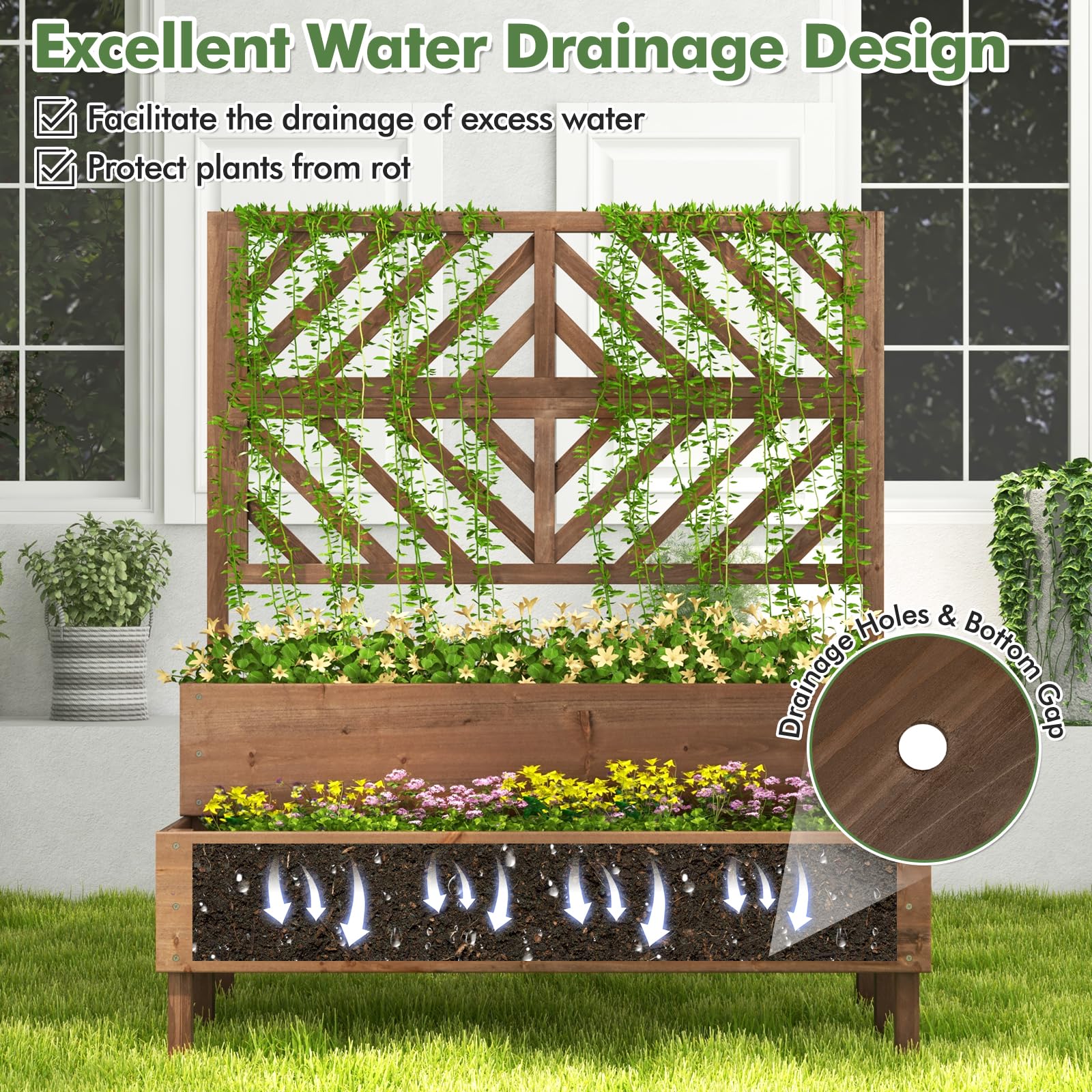 2-Tier Raised Garden Bed with Trellis, 53" Freestanding Elevated Wood Planter Box with Legs & Drainage Holes for Climbing Plants, Flowers