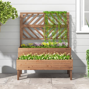 2-Tier Raised Garden Bed with Trellis, 53" Freestanding Elevated Wood Planter Box with Legs & Drainage Holes for Climbing Plants, Flowers