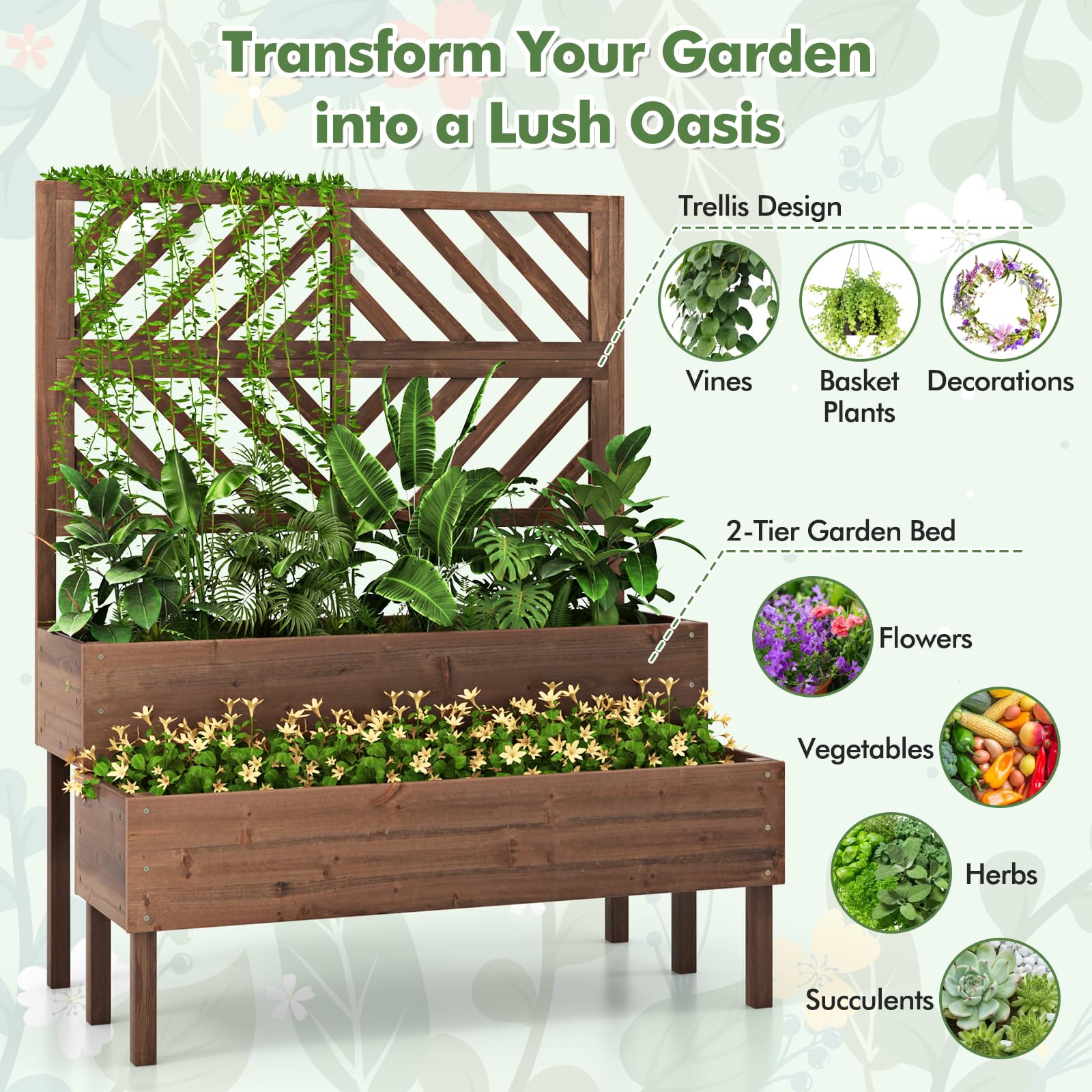 2-Tier Raised Garden Bed with Trellis, 53" Freestanding Elevated Wood Planter Box with Legs & Drainage Holes for Climbing Plants, Flowers