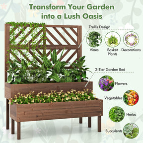 2-Tier Raised Garden Bed with Trellis, 53" Freestanding Elevated Wood Planter Box with Legs & Drainage Holes for Climbing Plants, Flowers