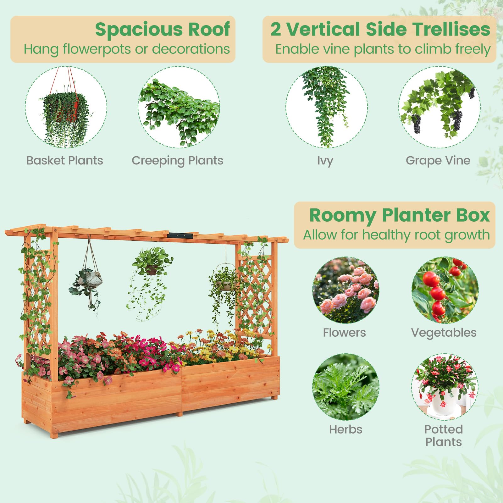 Raised Garden Bed with Trellis & Hanging Roof, 79" Freestanding Wood Planter Box with Drainage Holes for Flower Climbing Plants, Vines, Herbs