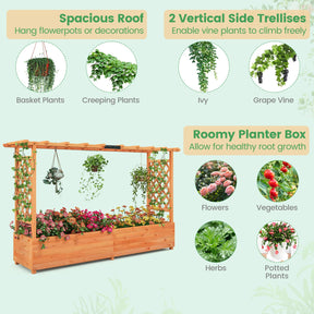 Raised Garden Bed with Trellis & Hanging Roof, 79" Freestanding Wood Planter Box with Drainage Holes for Flower Climbing Plants, Vines, Herbs