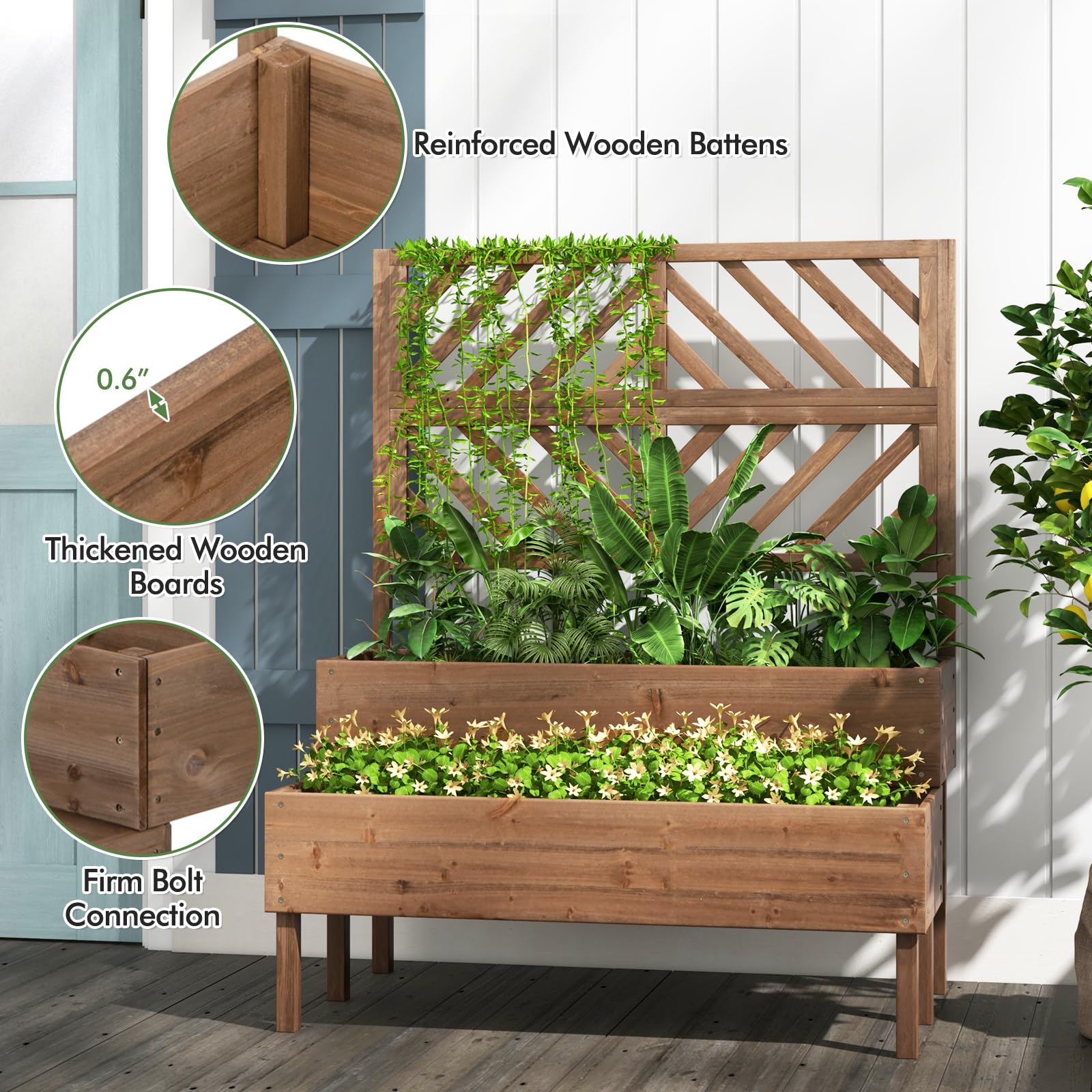 2-Tier Raised Garden Bed with Trellis, 53" Freestanding Elevated Wood Planter Box with Legs & Drainage Holes for Climbing Plants, Flowers