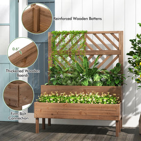 2-Tier Raised Garden Bed with Trellis, 53" Freestanding Elevated Wood Planter Box with Legs & Drainage Holes for Climbing Plants, Flowers