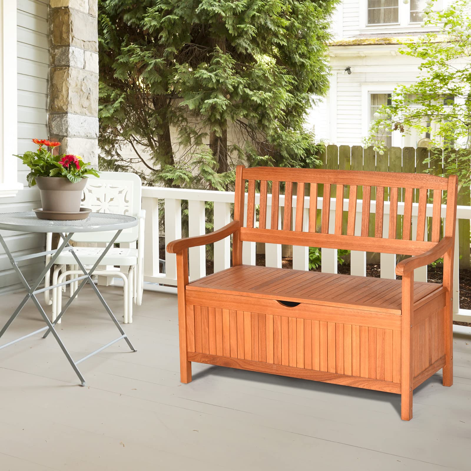 42" Outdoor Eucalyptus Wood Storage Bench Deck Box 33 Gallon with Waterproof Inner Lining, 2 Person Garden Loveseat for Porch, Yard & Balcony