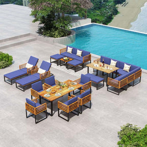 8 Piece Acacia Wood Patio Dining Set with Soft Padded Cushions, Heavy Duty L Shaped Sectional Sofa Set for Backyard Poolside Deck