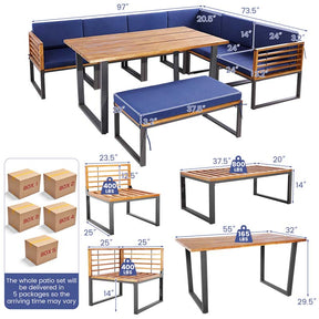 8 Piece Acacia Wood Patio Dining Set with Soft Padded Cushions, Heavy Duty L Shaped Sectional Sofa Set for Backyard Poolside Deck