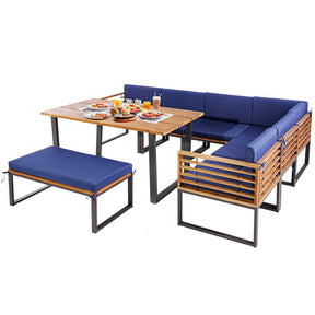 8 Piece Acacia Wood Patio Dining Set with Soft Padded Cushions, Heavy Duty L Shaped Sectional Sofa Set for Backyard Poolside Deck