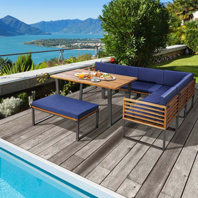 8 Piece Acacia Wood Patio Dining Set with Soft Padded Cushions, Heavy Duty L Shaped Sectional Sofa Set for Backyard Poolside Deck