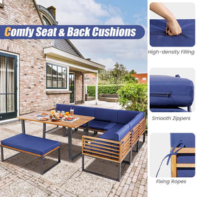 8 Piece Acacia Wood Patio Dining Set with Soft Padded Cushions, Heavy Duty L Shaped Sectional Sofa Set for Backyard Poolside Deck