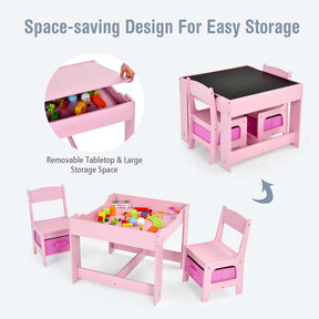 Kids Table & Chairs Set, 3-in-1 Wooden Toddler Activity Table with Storage, Reversible Tabletop & Blackboard for Art Craft, Drawing, Playroom