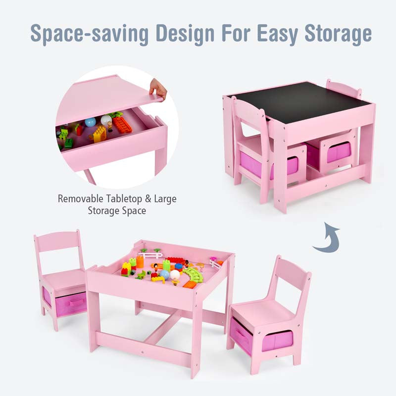 Kids Table & Chairs Set, 3-in-1 Wooden Toddler Activity Table with Storage, Reversible Tabletop & Blackboard for Art Craft, Drawing, Playroom