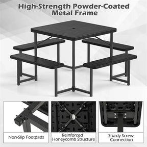4-8 Person Outdoor Picnic Table Bench Set, All-Weather HDPE Square Dining Table with Umbrella Hole, 4 Benches & Metal Frame for Patio Backyard