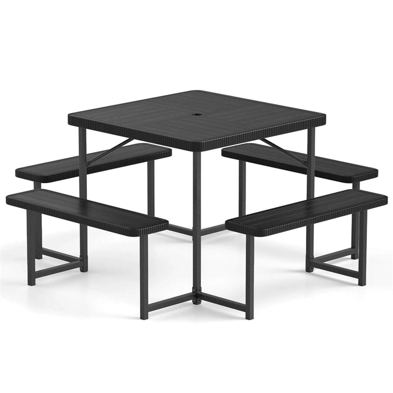 4-8 Person Outdoor Picnic Table Bench Set, All-Weather HDPE Square Dining Table with Umbrella Hole, 4 Benches & Metal Frame for Patio Backyard
