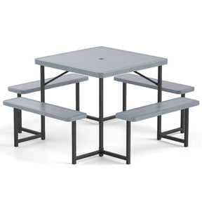 4-8 Person Outdoor Picnic Table Bench Set, All-Weather HDPE Square Dining Table with Umbrella Hole, 4 Benches & Metal Frame for Patio Backyard