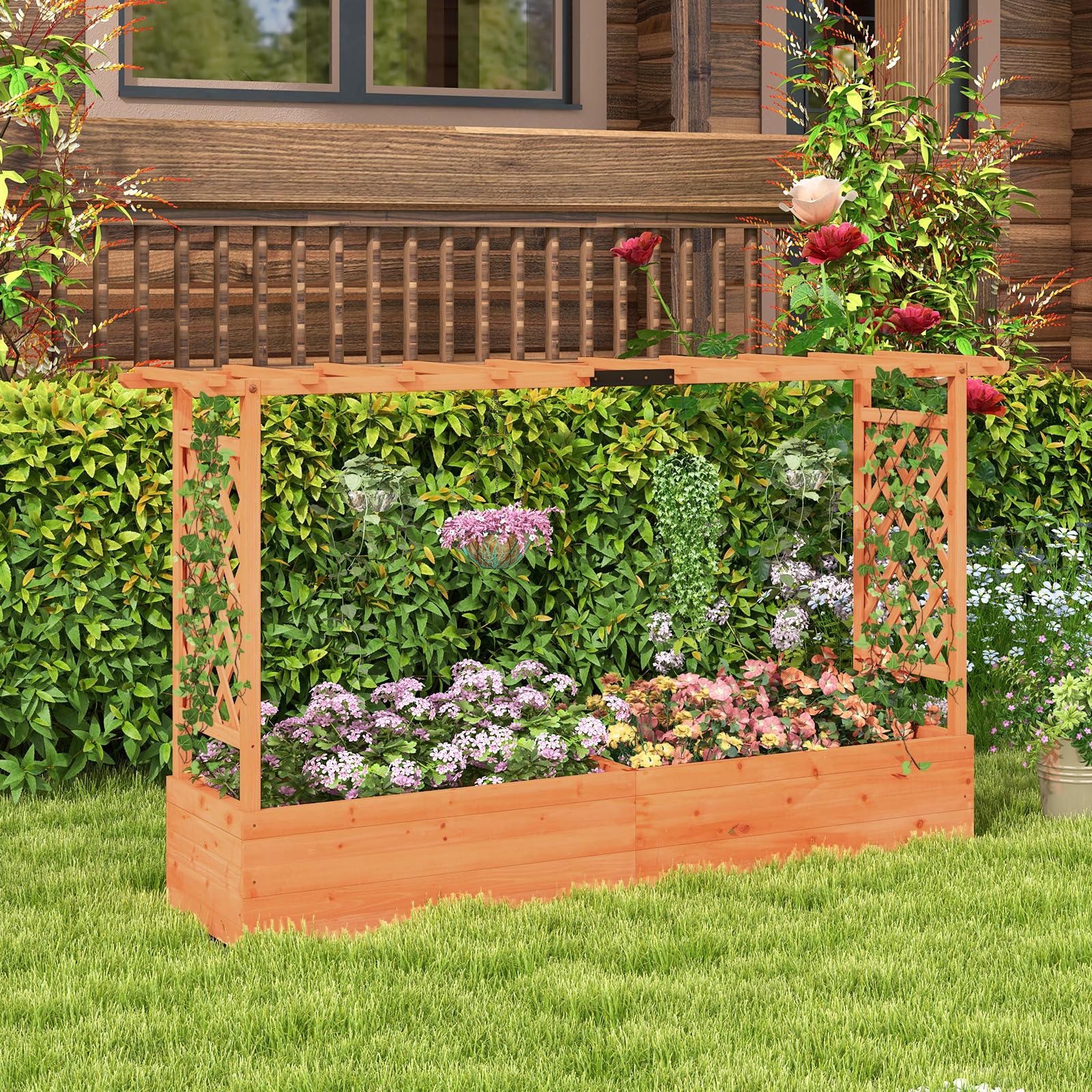 Raised Garden Bed with Trellis & Hanging Roof, 79" Freestanding Wood Planter Box with Drainage Holes for Flower Climbing Plants, Vines, Herbs