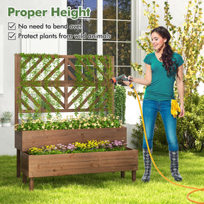 2-Tier Raised Garden Bed with Trellis, 53" Freestanding Elevated Wood Planter Box with Legs & Drainage Holes for Climbing Plants, Flowers