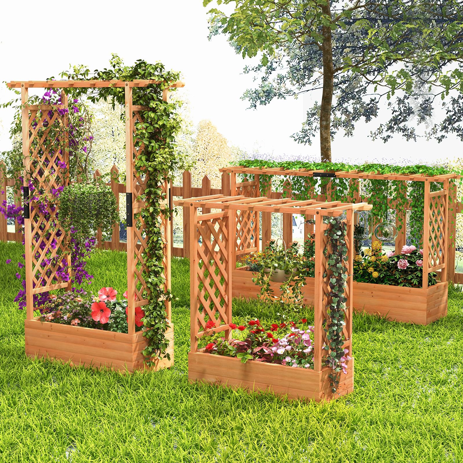 Raised Garden Bed with Trellis & Hanging Roof, 79" Freestanding Wood Planter Box with Drainage Holes for Flower Climbing Plants, Vines, Herbs