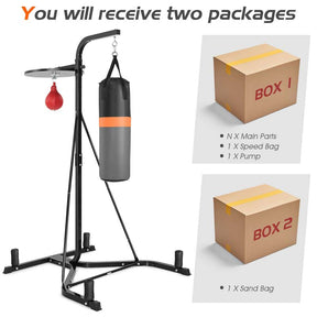 2-in-1 Height Adjustable Boxing Stand with Filled Punching Bag & Speed Ball, Heavy Duty Free Standing Boxing Station for Home Gym