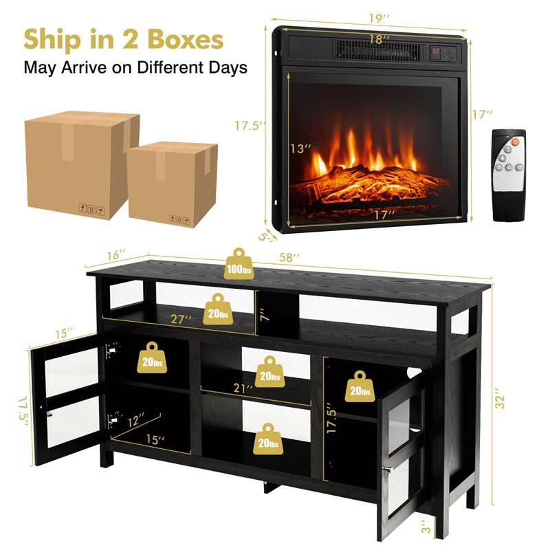 58" Electric Fireplace TV Stand for 65" TVs, Media Console with 18" 1400W Heater Insert, Thermostat, Adjustable 3D Flame & Storage Shelves