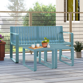 All-Weather Plastic Outdoor Patio Bench, 2-Person Garden Loveseat with Curved Backrest & Slatted Design for Backyard, Poolside, Deck