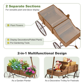 Rustic Wooden Wagon Planter, Decorative Garden Flower Cart with Metal Wheels & Adjustable Handle, Large Raised Bed Plant Stand for Patio Yard