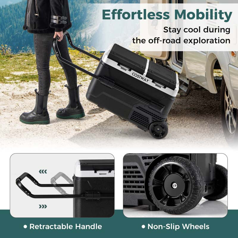 42QT Dual-Zone Car Refrigerator Fridge Freezer with Wheels & -4°F~68°F Temp, 12V/24V AC/DC Portable Electric Cooler for RV Camping