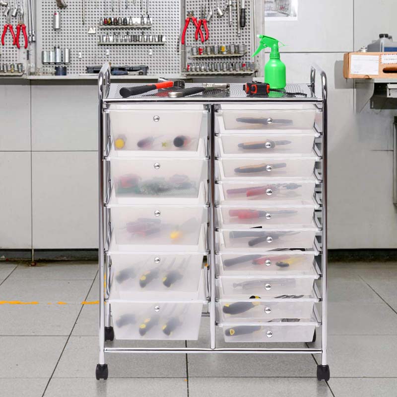 15-Drawer Storage Drawer Cart Tools Scrapbook Paper Organizer Cart Office School Utility Cart Rolling Storage Cart with Wheels