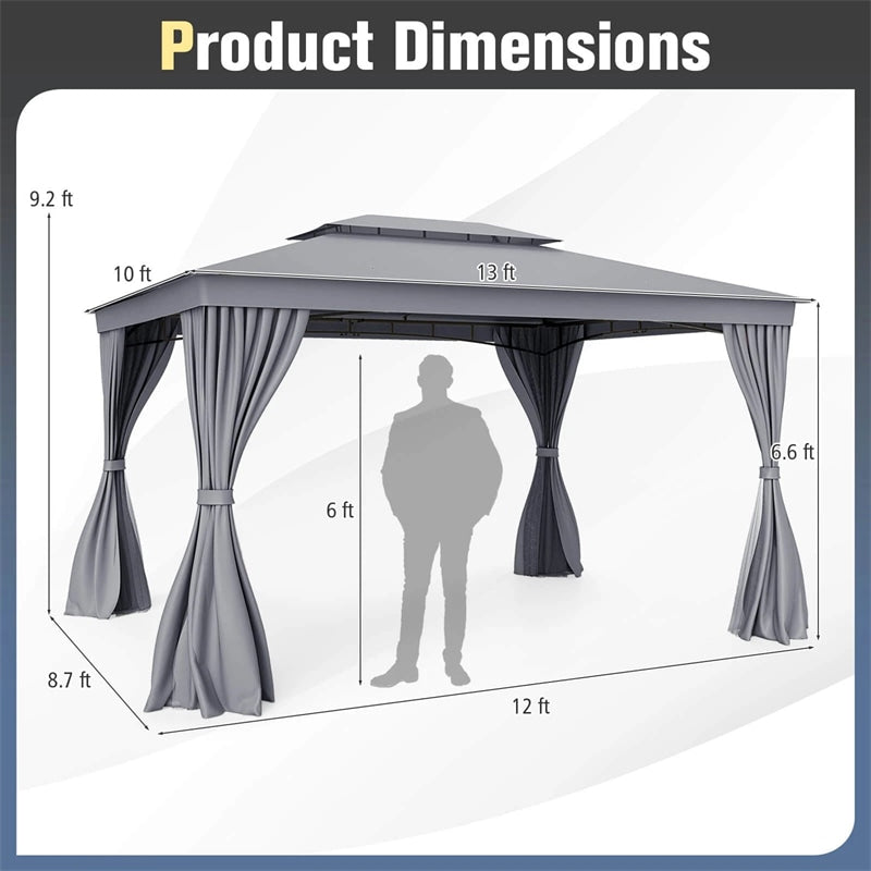 10 x 13 FT Patio Gazebo, Double-Roof Outdoor Canopy Tent with Mesh Netting & Privacy Curtains, Heavy-Duty Metal Frame Pavilion for Garden Yard